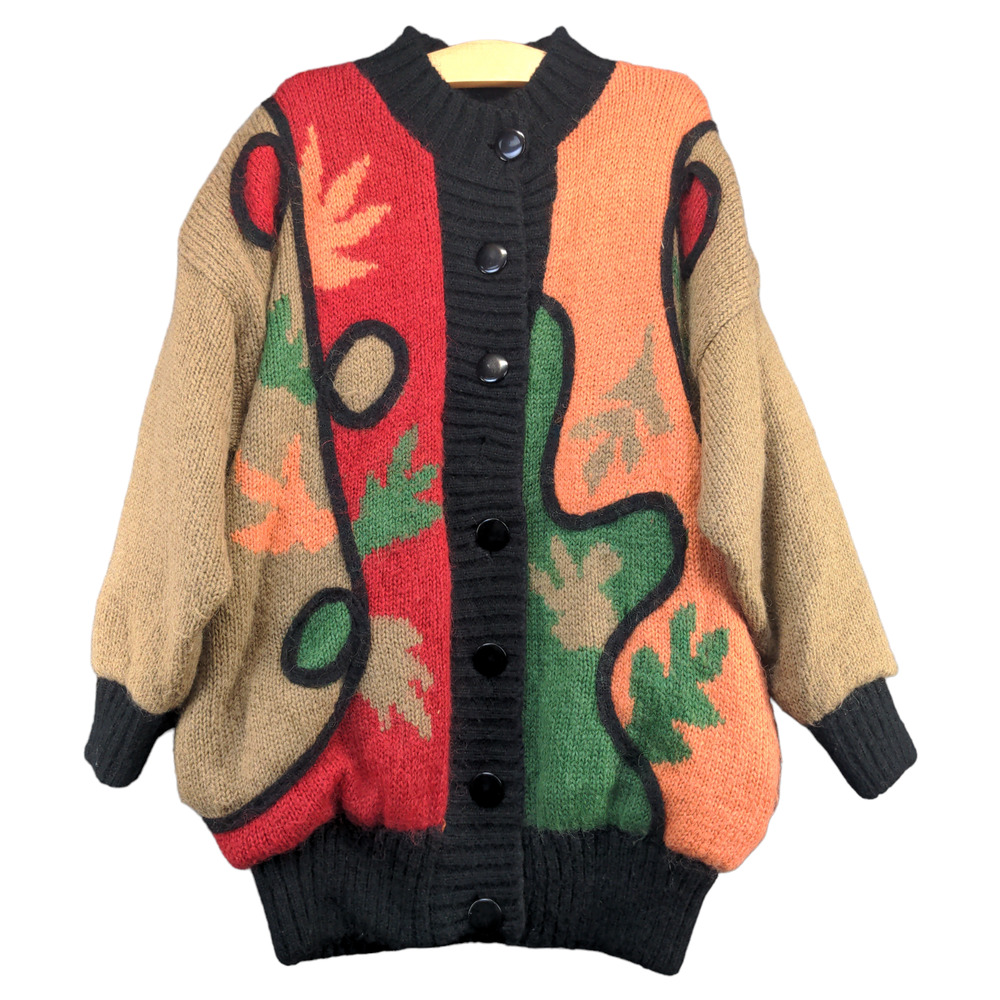 Cervelle Women's Acryclic Mohair Blend Cardigan Multi L Fall Leaf Pattern Knit